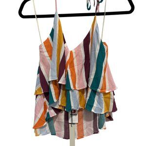 Mustard Seed Halter Tank Top Size Small Cropped Tie Neck Striped Multicolor NEW